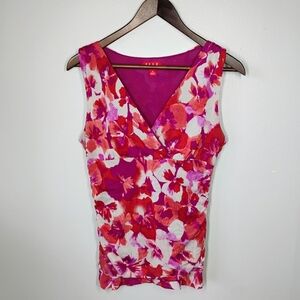 ELLE Y2K Babydoll Tank Top Womens Medium Tropical Floral Mesh Ruched Feminine